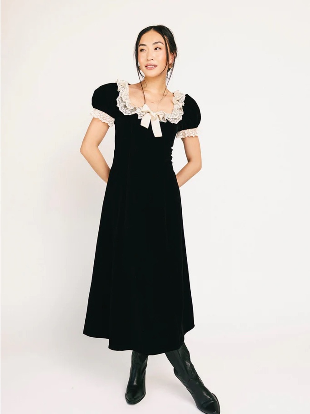 NWT Zoco Sloane black velvet dress with cream colored lace trim and bowtie